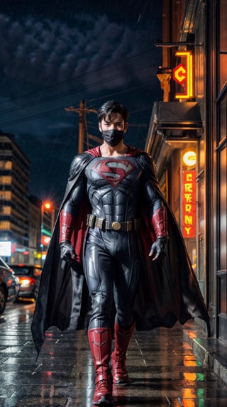 solo superman, looking at viewer, gloves, 1boy, standing, full body, male focus, outdoors, belt, cape, torn clothes, bodysuit, mask, muscular, night, muscular male, building, clenched hands, walking, rain, city, black cape, superhero, torn cape,man with batman costume mask and cape,Neon Light,yofukashi background,sks person,clark