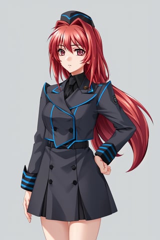 1girl, solo,breasts, looking at viewer, bangs, skirt, simple background, long sleeves, hat, white background, hair between eyes, very long hair, closed mouth, standing, jacket, white shirt, grey hair, uniform, character name, grey eyes, military, military uniform, blue jacket, clenched hand, blue headwear, high-waist skirt, military hat,Kagami Sumika, red_hair, red_eyes