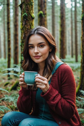 portrait of a young woman 8k drinking tea in the forest