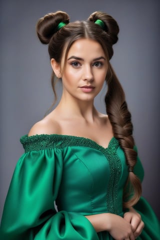 Raw photo, best quality, photorealistic, portrait of beautiful young brunette ((30 yo)) woman, long hair, two ponytails, queen dress green and rend