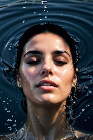 extreme close-up portrait of a woman submerged in the water, she only shows her head, she is crying and there are drops of water on her face, sunrise, studio light, golden hour, photo shoot, DSLR, 64k, UHD, HDR, (masterpiece), intricate details, ((high quality)), highly detailed, hyper-realistic