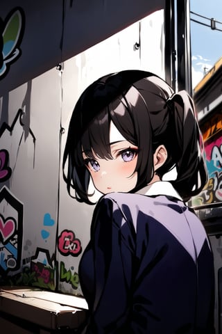 mature woman, sitting, schoolgirl, black hair,purple eyes, graffiti, midday, masterpiece, wallpaper, sticker, pigtails