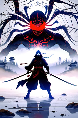 DonMW15pXL, cyborg style, Japanese style, ninja with a weapon in front of the spider god, spider web, fog background, lake, masterpiece, wallpaper,