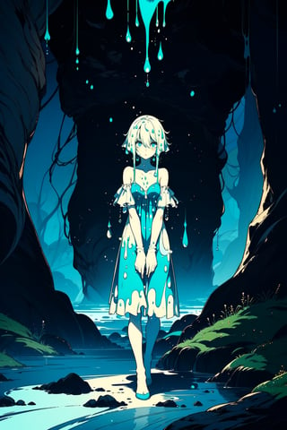 The Slime Girl stands staring into nothing as her vegetation skin drips upon the cave floor and her dress wafts in the breeze, she is the abandonee and is alone forevermore in artbook anime art style