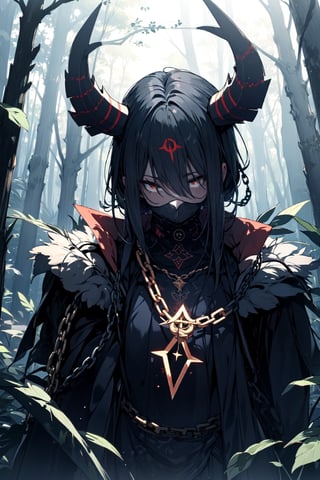 Chained forest demon, among the trees with ancient runes, toxic fumes, light, darkness, wallpaper, mold,