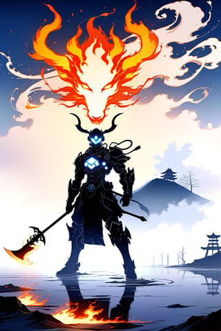 DonMW15pXL, cyborg style, Japanese style, warrior facing horseman of the apocalypse with a flaming axe, fog background, lake, masterpiece, wallpaper,