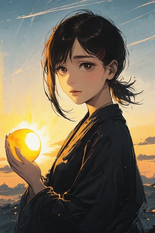 girl holding the sun in her hands, short black hair, brown eyes, 