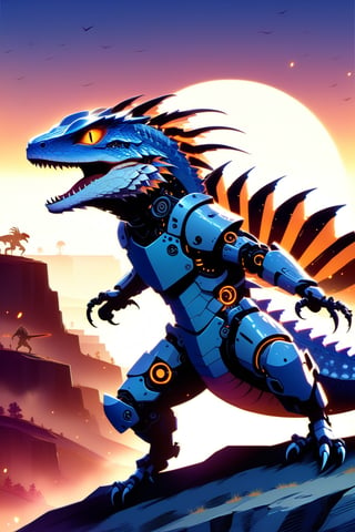 DonMW15pXL, cyborg style, armored lizard, roaring, on a hill, rock background, sunset, threatening,lizardfolk