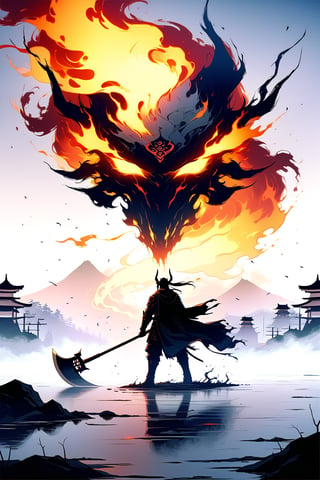 DonMW15pXL, cyborg style, Japanese style, warrior facing horseman of the apocalypse with a flaming axe, fog background, lake, masterpiece, wallpaper,