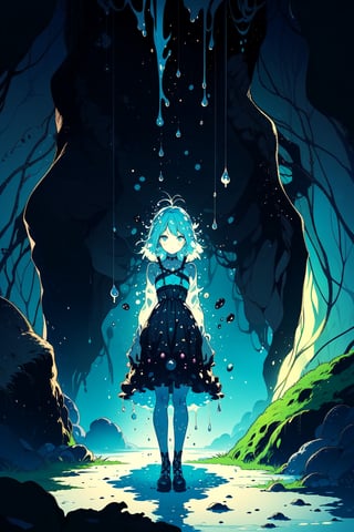 The Slime Girl stands staring into nothing as her vegetation skin drips upon the cave floor and her dress wafts in the breeze, she is the abandonee and is alone forevermore in artbook anime art style