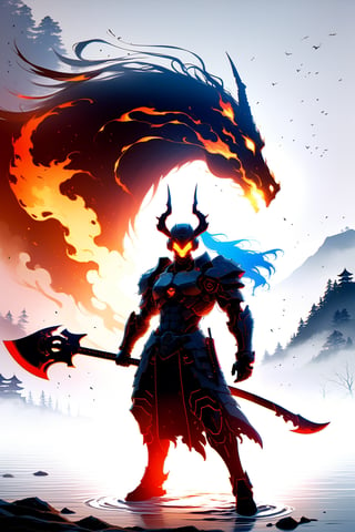 DonMW15pXL, cyborg style, Japanese style, warrior facing horseman of the apocalypse with a flaming axe, fog background, lake, masterpiece, wallpaper,