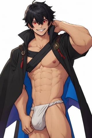 solo, looking at viewer, short hair, bangs,house_background, shirt, black hair, red eyes, 1boy, white background, hair between eyes, smile,stading, short sleeves, male focus, cowboy shot, black shirt, muscular, cloak, pouch,black-coat, underwear,male underwear, bulge,open_legs,japanese clothes, fundoshi