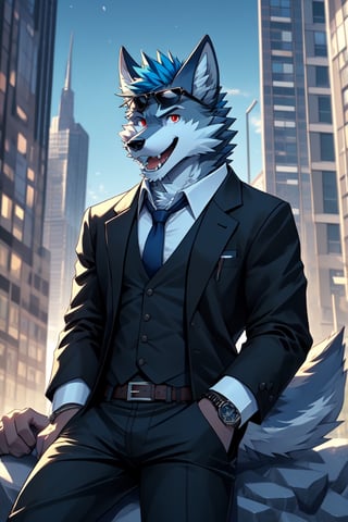 looking at viewer, open mouth, shirt, red eyes, 1boy, animal ears, blue hair, sitting in a rock, jacket, tail, white shirt, weapon, male focus, cowboy shot, outdoors, open clothes, necktie, horns, collared shirt, belt, pants, bracelet, open jacket, black jacket, fangs, black pants, formal, sunglasses, suspenders, suit, building, black necktie, furry, handgun, watch, city, hands in pockets, wristwatch, cityscape, holster, furry male, skyscraper, black suit, wolf boy,wolf,green_horns,wolfboy, sunglasses