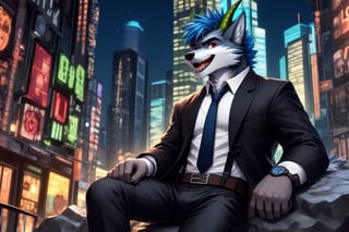 looking at viewer, open mouth, shirt, red eyes, 1boy, animal ears, blue hair, sitting in a rock, jacket, tail, white shirt, weapon, male focus, cowboy shot, outdoors, open clothes, necktie, horns, collared shirt, belt, pants, bracelet, open jacket, black jacket, fangs, black pants, formal, sunglasses, suspenders, suit, building, black necktie, furry, handgun, watch, city, hands in pockets, wristwatch, cityscape, holster, furry male, skyscraper, black suit, wolf boy,wolf,green_horns,wolfboy