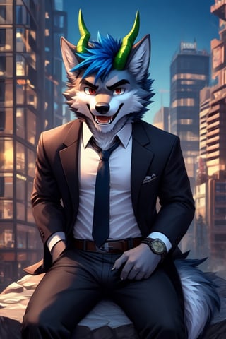 looking at viewer, open mouth, shirt, red eyes, 1boy, animal ears, blue hair, sitting in a rock, jacket, tail, white shirt, weapon, male focus, cowboy shot, outdoors, open clothes, necktie, horns, collared shirt, belt, pants, bracelet, open jacket, black jacket, gun, fangs, black pants, formal, sunglasses, suspenders, suit, building, black necktie, furry, handgun, watch, city, hands in pockets, wristwatch, cityscape, holster, furry male, skyscraper, black suit, wolf boy,wolf,green_horns,wolfboy