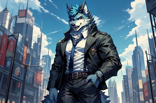 looking at viewer, open mouth, shirt, red eyes, 1boy, animal ears, blue hair, , jacket, tail, white shirt, weapon, male focus, outdoors, open clothes, necktie, horns, collared shirt, belt, pants, bracelet, open jacket, black jacket, fangs, black pants, formal, sunglasses, suspenders, suit, building, black necktie, furry, handgun, watch, city, hands in pockets, wristwatch, cityscape, holster, furry male, skyscraper, black suit, wolf boy,wolf,green_horns,wolfboy, sunglasses, solo, 1boy,nodf_lora