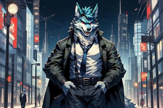 looking at viewer, open mouth, shirt, red eyes, 1boy, animal ears, blue hair, , jacket, tail, white shirt, weapon, male focus, outdoors, open clothes, necktie, horns, collared shirt, belt, pants, bracelet, open jacket, black jacket, fangs, black pants, formal, sunglasses, suspenders, suit, building, black necktie, furry, handgun, watch, city, hands in pockets, wristwatch, cityscape, holster, furry male, skyscraper, black suit, wolf boy,wolf,green_horns,wolfboy, sunglasses, solo, 1boy,nodf_lora