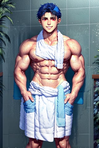 solo, looking at viewer, smile, short hair, red eyes, 1boy, jewelry, blue hair, male focus, earrings, dark skin, black pants, dark-skinned male,, pectorals, dark blue hair, hair strand, big_muscle,  very wet (((wearing a towel around his waist))), background_bathroom, only_towel, pantless,neked_towel,after shower towel wrapped, wet