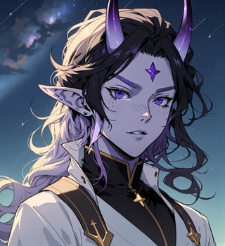 An anime elf man with long wavy straight black hair, purple horns, black sclera, light blue ice, purple skin with white dots on the face, elegant violet dress, star_(symbol), stars_(sky)