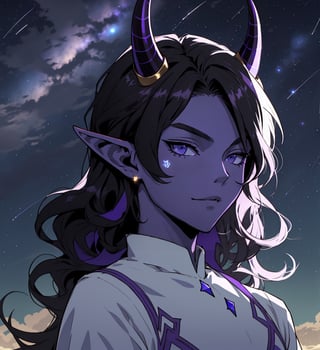 An anime elf man with long wavy straight black hair, purple horns, black sclera, light blue ice, purple skin with white dots on the face, elegant violet dress, star_(symbol), stars_(sky)