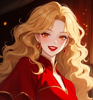 A beautiful woman with long wavy straight golden hair, light orange eyes, fair skin, red lips, red nails, winking mischievous expression, red medieval dress