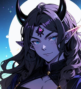 An anime elf man with long wavy straight black hair, purple horns, ipnotic light blue eyes, black sclera, purple skin with bright dots on the face, elegant cerimonial shiny blue dress