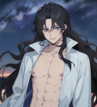 A beautiful anime man with long wavy straight black hair, ipnotic light blue eyes, fair skin, bare chest, mischievous smile, night sky background, 1guy