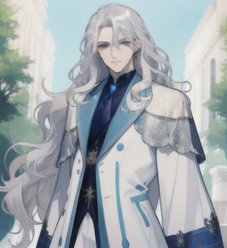 A man with long wavy straight white hair, ipnotic light cerulean eyes, fair skin, elegant and shiny silver dress.,1guy