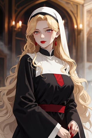 A beautiful woman with long wavy golden hair, vermilion eyes, fair skin, red lips, red nails, nun black dress