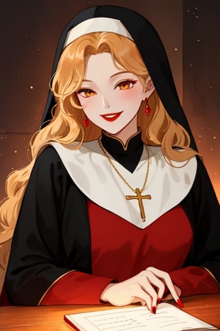 A beautiful witch woman with long wavy straight golden hair, light orange eyes, fair skin, red lips, red nails, winking smile, nun black dress