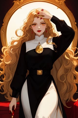 A beautiful witch woman with long wavy straight golden hair, light orange eyes, fair skin, red lips, red nails, elegant nun black dress