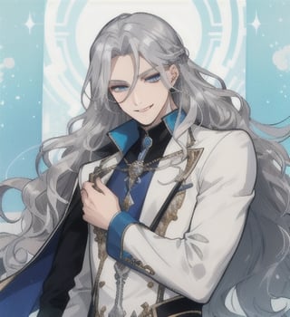 A man with long wavy straight silver hair, ipnotic light cerulean eyes, fair skin, winking smile, elegant and shiny silver dress,1guy