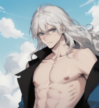 A man with long wavy straight white hair, ipnotic light cerulean eyes, fair skin, authoritarian expression, bare chest,1guy