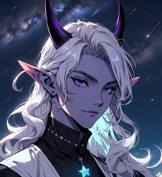 elven man with long wavy straight black hair, purple horns, black sclera, light blue ice, violet skin with white dots in face, elegant black dress, star_(symbol), stars_(sky)