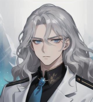 A man with long wavy straight silver hair, ipnotic light cerulean eyes, fair skin, authoritarian expression, elegant and shiny silver dress,1guy