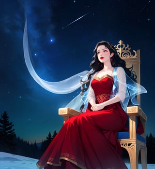 An ethereal woman, thirty years, long black wavy straight hair, light blue eyes, red lips, fair skin, viking dress, starry night sky, ice castle, ice throne, sole_female