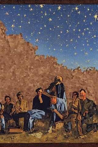 a group of men are sitting close to a deteriorated building under starred sky, color painting, berni_style, berni