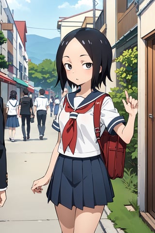 sanae_tsukimoto, Karakai Jouzu no Takagi-san, black hair, short hair, black eyes, forehead, jitome
school uniform, serafuku, short skirt, backpack, video game machine, arcade,