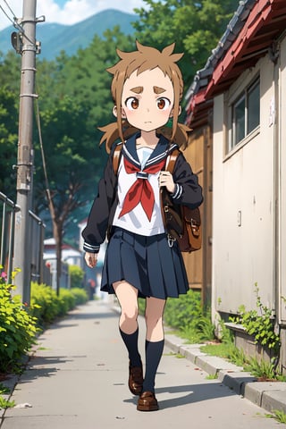 mina_hibino, forehead, short hair, brown hair, sidelocks, low ponytail, brown eyes,
school uniform, serafuku, backpack, walking, walking to school, japanese passage, day, short skirt, winter uniform,