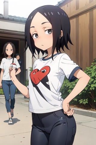 sanae_tsukimoto, Karakai Jouzu no Takagi-san, black hair, short hair, black eyes, forehead, jitome
pants, tight pants, tight shirt, shirt, cameltoe, cap