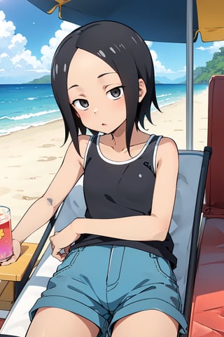 sanae_tsukimoto, Karakai Jouzu no Takagi-san, black hair, short hair, black eyes, forehead, jitome
beach, beach chair, lying down, lying on beach chair, shorts, beach shirt, under umbrella, ocean, day, sunny day, juice,