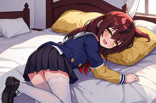 A gentle schoolgirl scene unfolds: a girl with very long hair, tied between her eyes, gazes directly at the viewer with a warm smile and open mouth. Her bangs frame her face, while her sailor collar uniform is topped with a yellow jacket. She wears a pleated miniskirt, white thighhighs, and black footwear, lying on a bed with a pillow beneath her head. Her long hair flows across the bed as she looks back over her shoulder, her yellow eyes sparkling. The soft lighting and cozy indoor setting evoke a sense of warmth and tranquility.