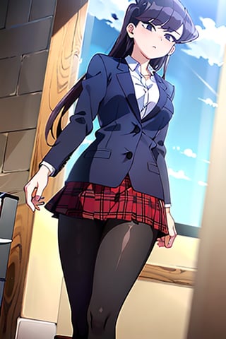 highly detailed, high quality, masterpiece, beatiful,(medium long shot) 1girl, Komi Shouko from Komi can't communication, walking, looking at the sky,(long hair, dark hair, straight hair, violet eyes, character height 170 millimeters, medium-big chest, thin waist, big thighs, school uniform, black leggings,school bag,short skirt, red skirt, purple jacket))