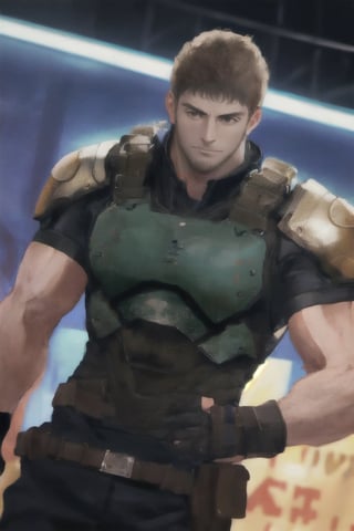 1_boy, solo, looking at viewer, short hair, brown hair, 1boy, upper body, male focus, grey shirt, facial hair, shoulder armor, realistic, masculine, muscular, large pecs, arm hair, manly, handsome, charming, alluring, perfect eyes, perfect anatomy, perfect proportions, (perfecteyes) perfect anatomy, perfect proportions, best quality, masterpiece, high_resolution, dutch angle, cowboy shot, photo background, perfect hands, perfect fingers, intricate details,photorealistic,Anime,chris-rev