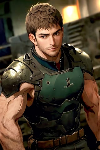 1_boy, solo, looking at viewer, short hair, brown hair, 1boy, upper body, male focus, grey shirt, facial hair, shoulder armor, realistic, masculine, muscular, large pecs, arm hair, manly, handsome, charming, alluring, perfect eyes, perfect anatomy, perfect proportions, (perfecteyes) perfect anatomy, perfect proportions, best quality, masterpiece, high_resolution, dutch angle, cowboy shot, photo background, perfect hands, perfect fingers, intricate details,photorealistic,Anime,chris-rev