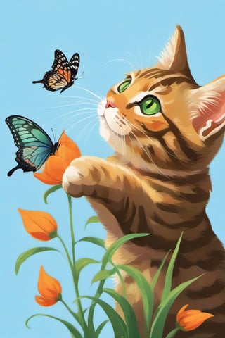  mischievous young Tabby cat, its bright green eyes sparkling with amusement, stalks a butterfly with playful intent. The butterfly, a burst of orange and black against the green leaves, flits from flower to flower, just out of reach of the young cat's pouncing paws. The scene is filled with the energy of the chase, a delightful dance between predator and prey.
 
,Cats,aw0k cat