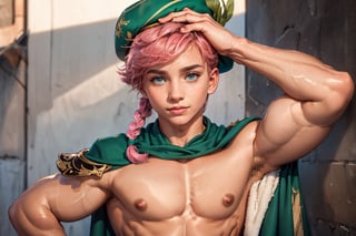  1 man, male face , braid pink hair, twink body, freckles face,  ,green eyes  , kawaii ,ventidef, beret,venti (genshin impact),dwarfoil