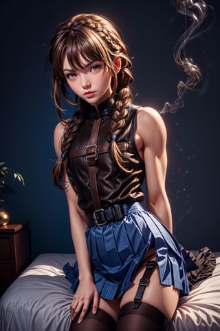 A braid long brown hair man, lite muscular body, brown eyes, serious look, smolking one vaper ,fighting_stance, blue bedroom background, wearing mini blue skirt, harness, stockings BREAK, sex pose