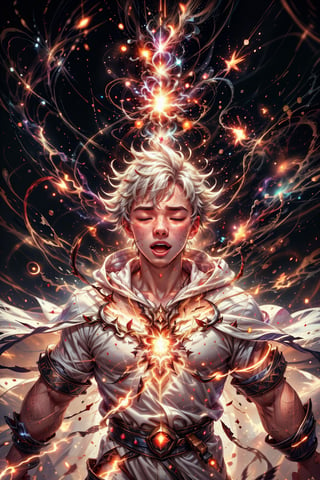  1 man, male face , short white hair, full twink body, freckles face ,closed eyes  , kawaii , freckles on the face, showing the whole body very excited,Light particles and spark,perfect light,white cape white robe,explosionmagic,excessive energy,explosionmagic,smoke,explosionmagic,glowing aura,explosionmagic 