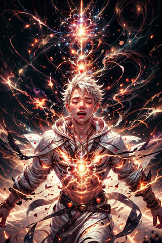  1 man, male face , short white hair, full twink body, freckles face ,closed eyes  , kawaii , freckles on the face, showing the whole body very excited,Light particles and spark,perfect light,white cape white robe,explosionmagic,excessive energy,explosionmagic,smoke,explosionmagic,glowing aura,explosionmagic 